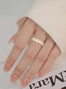 1pc Minimalist Daisy & Sunflower Adjustable Open Ring, Fashionable For Daily Wear - White - View 6