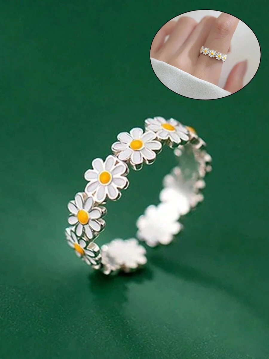 1pc Minimalist Daisy & Sunflower Adjustable Open Ring, Fashionable For Daily Wear - White - View 1
