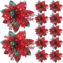 12/24 bông hoa Giáng sinh lấp lánh, hoa đỏ chân thực, đồ trang trí tiệc cưới Giáng sinh tự làm, đồ trang trí cây thông Noel, đồ trang trí cảnh, đồ trang trí ngày lễ, đồ trang trí nhà cửa, đồ trang trí hành lang, đồ trang trí văn phòng, đồ trang trí sân, màu sắc ngẫu nhiên - Đỏ - Xem 2