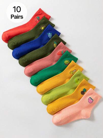 10双/套彩色多巴胺可爱水果图案日式透气抗菌中筒袜，适合秋季女士