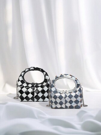 时尚简约风格便携式手工双色编织金属链带单肩/斜挎包，非常适合女孩、女士、办公室职员和白领，休闲、时尚手提包，适合工作、商务旅行、通勤和外出，新月形