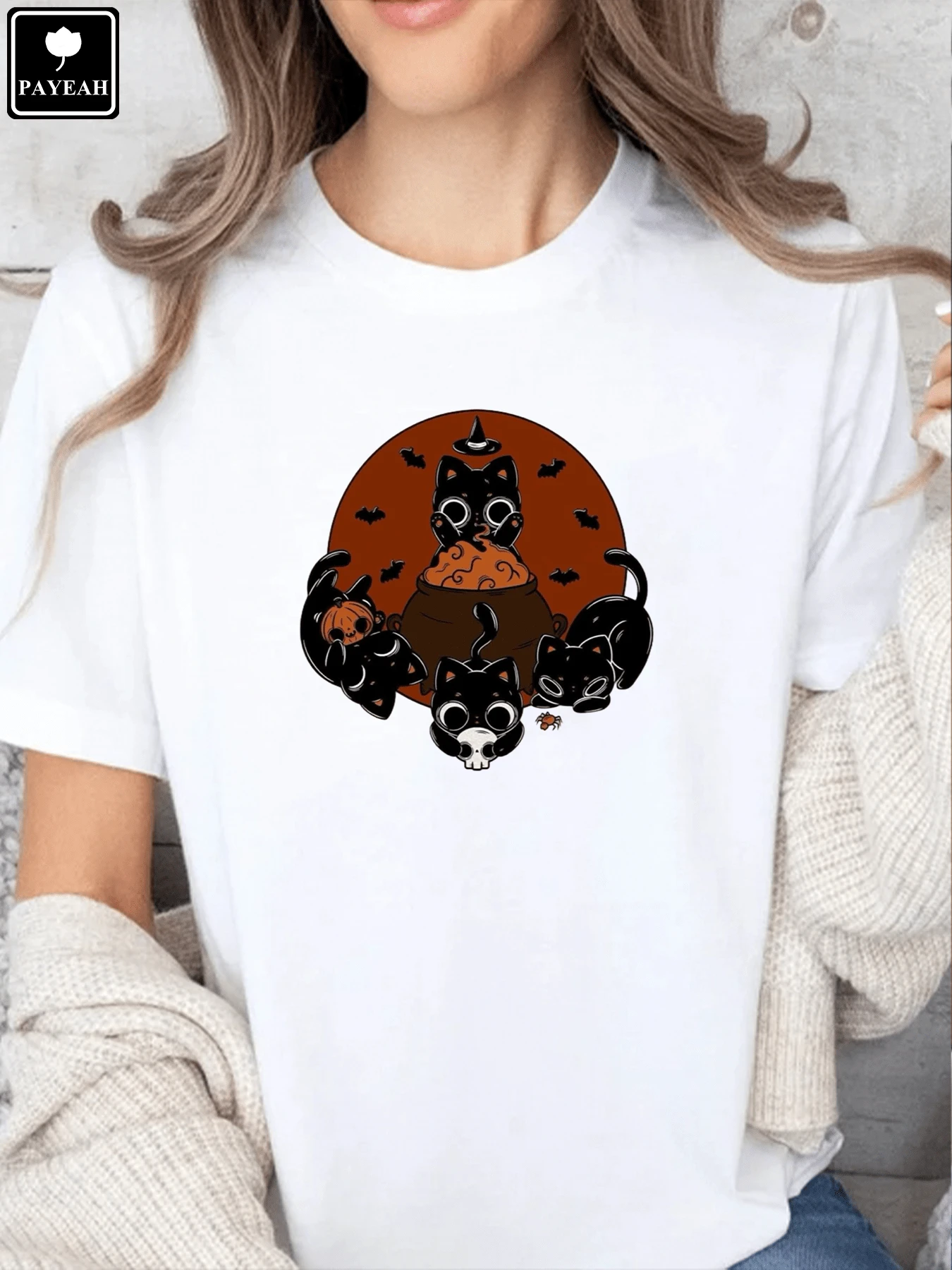PAYEAH Cooking Black Cat Halloween Creative Women's Round Neck T-Shirt 220g Heavy Cotton T Shirt - trắng - Xem 1