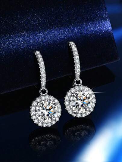 1 Pair 2ct D Color VVS Clarity With GRA Certificate Classic Fashionable Luxury Elegant S925 Silver Plated Platinum Moissanite Geometric Round Halo Stud Earrings