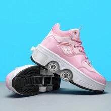 Giày thể thao hai bánh nhẹ, cổ điển, thời trang, đơn giản, phổ biến, đa năng có bánh xe có thể tháo rời, giày thể thao 2 trong 1 dành cho học sinh, giày trượt patin thông thường ngoài trời - Hồng - Xem 4