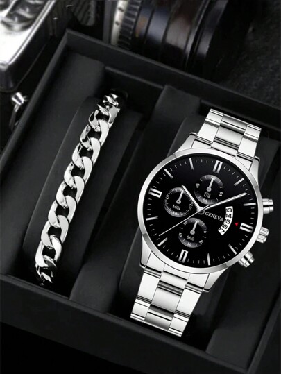 2Pcs Men's Silver Stainless Steel Strap Fashionable Casual Business Retro Calendar Men's Quartz Watch Alloy Bracelet Set Suitable For Daily Wear Decoration Giving Friends Father's Holiday Gifts
