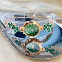 1pc Women's Elegant Quartz Watch With Colorful Petals Inlaid Crystals, Pull-Out Chain, Arabic Numeral Dial, Lady Style - Green - View 4