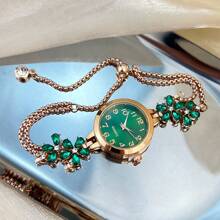 1pc Women's Elegant Quartz Watch With Colorful Petals Inlaid Crystals, Pull-Out Chain, Arabic Numeral Dial, Lady Style - Green - View 3