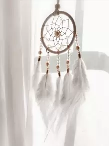 1pc Faux Pearl & Feather Dreamcatcher Decor, Mori Style Feather Wind Chime Ornament, Gifts For Girls, Birthdays, Useful As Car Decorations, Room, Home, Wedding Party Decor (Artificial Feathers),Home Decor ,Room Decor,Wall Decor Graduation