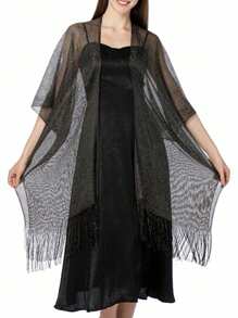 1pc Women's Fashionable Solid Color Loose Cover-Up Shimmering Metallic Net Fringed Kimono Cardigan Tassel-Adorned Party Dress, Semi-Sheer 3/4 Sleeves, Women Swimwear & Festival Wear For Carnival, Music Events, And Holidays Accessories Women