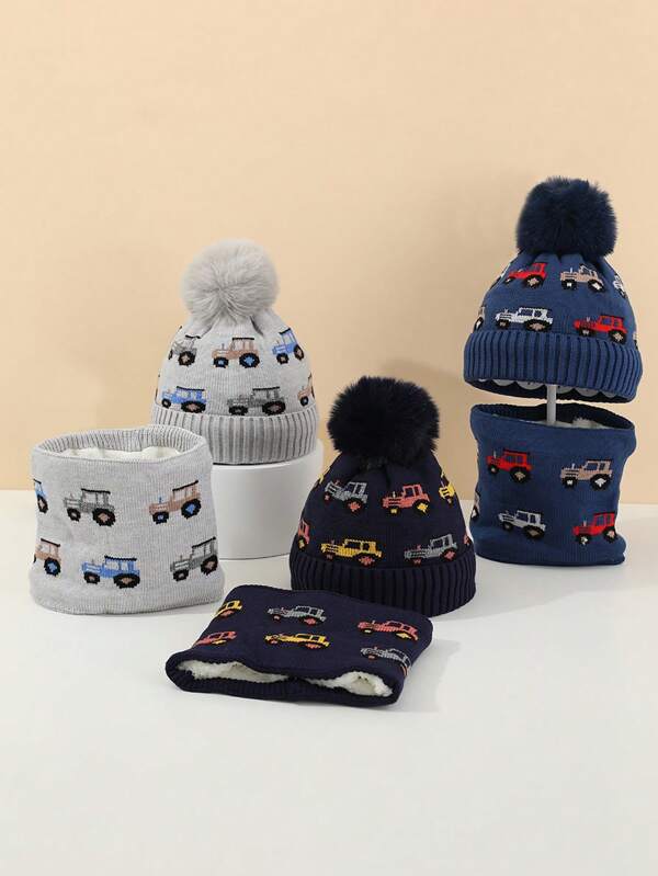 2pcs Set: Y2K Style Jacquard Off-Road Vehicle Pom Pom Knitted Beanie Hat + Scarf, Unisex Outdoor Windproof Warm Casual Winter Hat, Suitable For Commuting