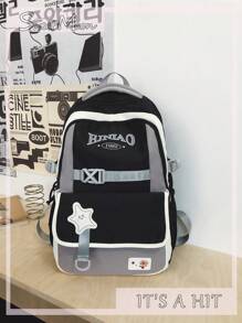 1 peça Mochila de nylon preta casual estilo universitário com letras desenho animado pentagrama com vários bolsos grande capacidade dobrável resistente à água fivela com aba zíper, adequada para adolescentes escola diária/treinamento, mulheres deslocamento diário/passeios/compras/viagens, presente de estudante para volta às aulas/temporada de formatura - Preto - Ver 1