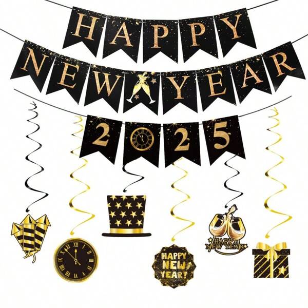 2025 Cross Border New Year Letter Hanging Tag Flower Happy New Year Spiral Party Window Decoration Banner,Christmas