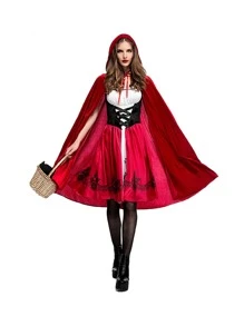 女式小红帽服装，万圣节圣诞派对角色扮演连衣裙，带斗篷，适合万圣节圣诞服装角色扮演派对 - 紅色 - 查看 6