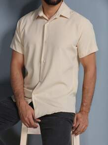 Men's Short Sleeve Button Down Plain Dress Shirt - Màu be - Xem 5