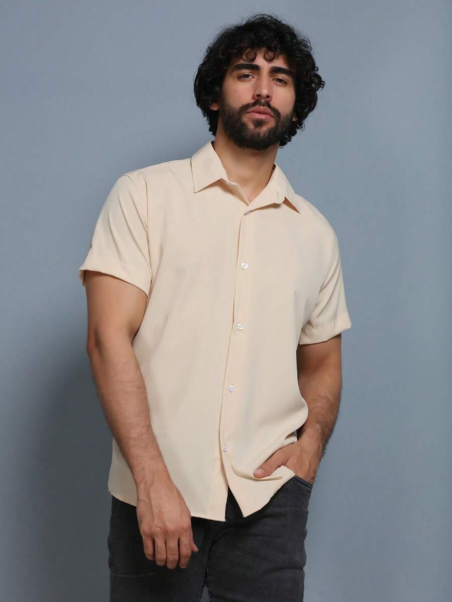 Men's Short Sleeve Button Down Plain Dress Shirt - Màu be - Xem 1