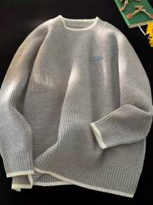 Men Casual Letter Graphic Raglan Sleeve Loose Sweater, Fall - Grey - View 3