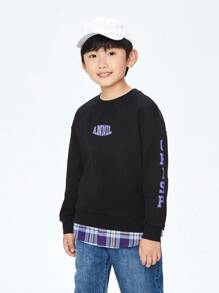 Annil 男童童装。舒适柔软宽松简约。圆领长袖卫衣。秋季休闲。字母印花。2合1。有趣的上衣。 - 黑色 - 查看 1