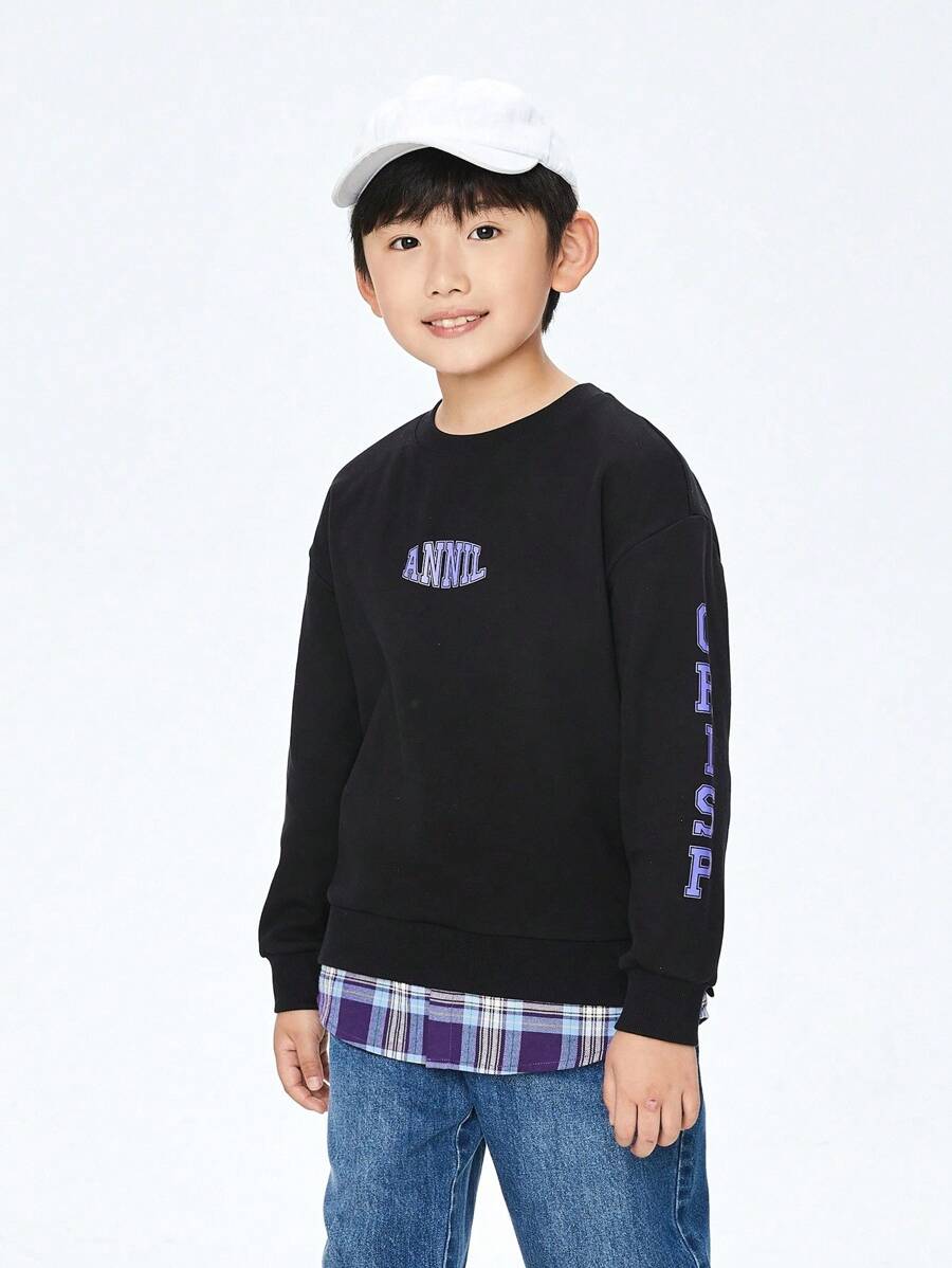 Annil 男童童装。舒适柔软宽松简约。圆领长袖卫衣。秋季休闲。字母印花。2合1。有趣的上衣。 - 黑色 - 查看 1