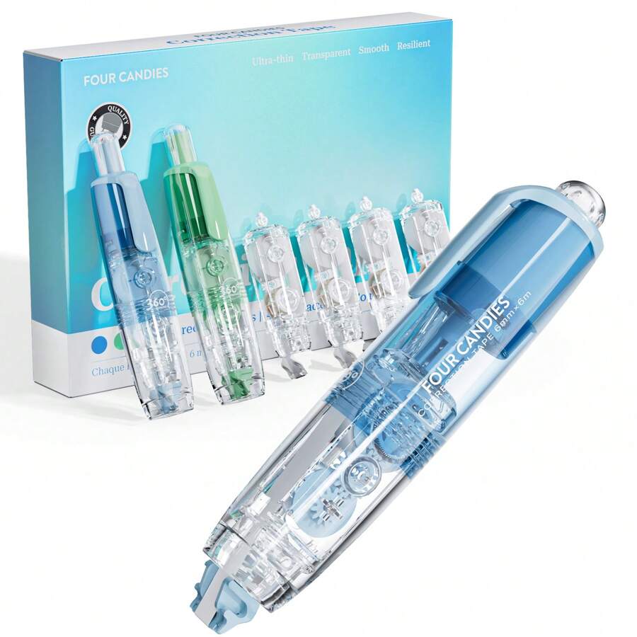 Refillable Retractable White Out Correction Tape, 2PCS Cute White Out With 4 Extra Refills, Easy To Use Mini Aesthetic Pen Shaped Applicator For School Office Supplies (Blue Green) - 藍+綠 - 查看 1