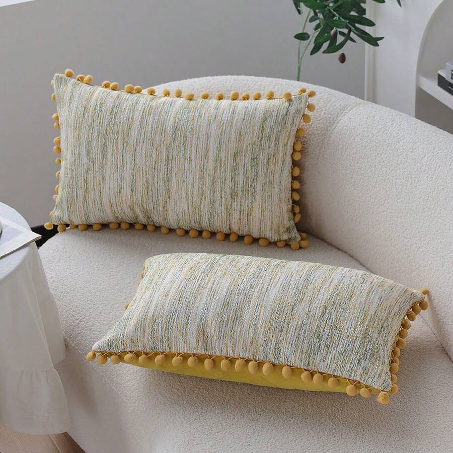 2 vỏ gối trang trí dệt 12x20 inch có bi, vỏ gối trang trí ghế sofa phòng khách màu vàng, trang trí tiệc, không có lõi - Màu vàng - Xem 1