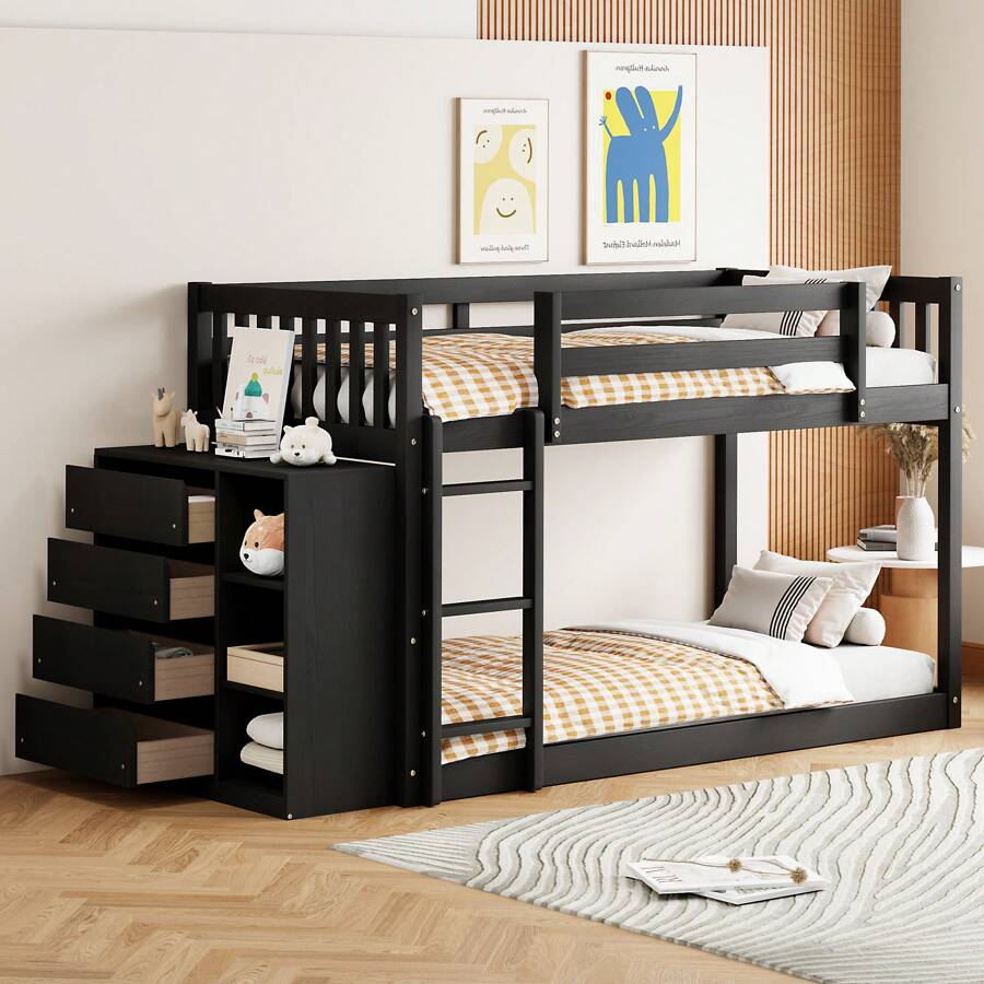 MERAX Twin Over Twin Bunk Bed With 4 Drawers And 3 Shelves - Espresso - View 1
