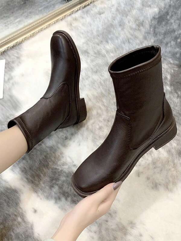 Women's Flat Slip-On Ankle Boots - Simple & Comfortable Solid Color Boots, Vintage Style Short Shaft Low Boots