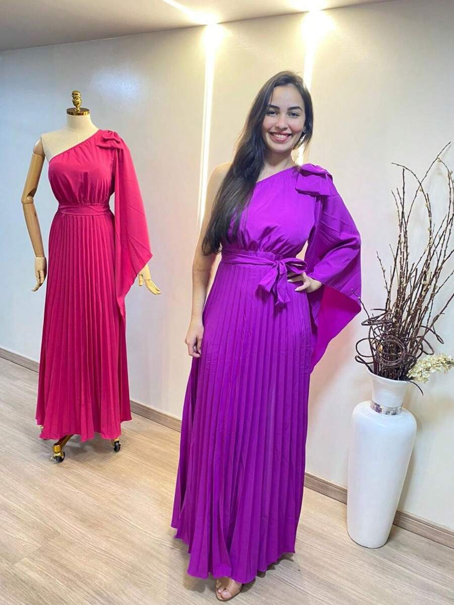 One-Strap Pleated Long Dress With Bow On The Shoulder - Màu Hoa hồng đỏ - Xem 1