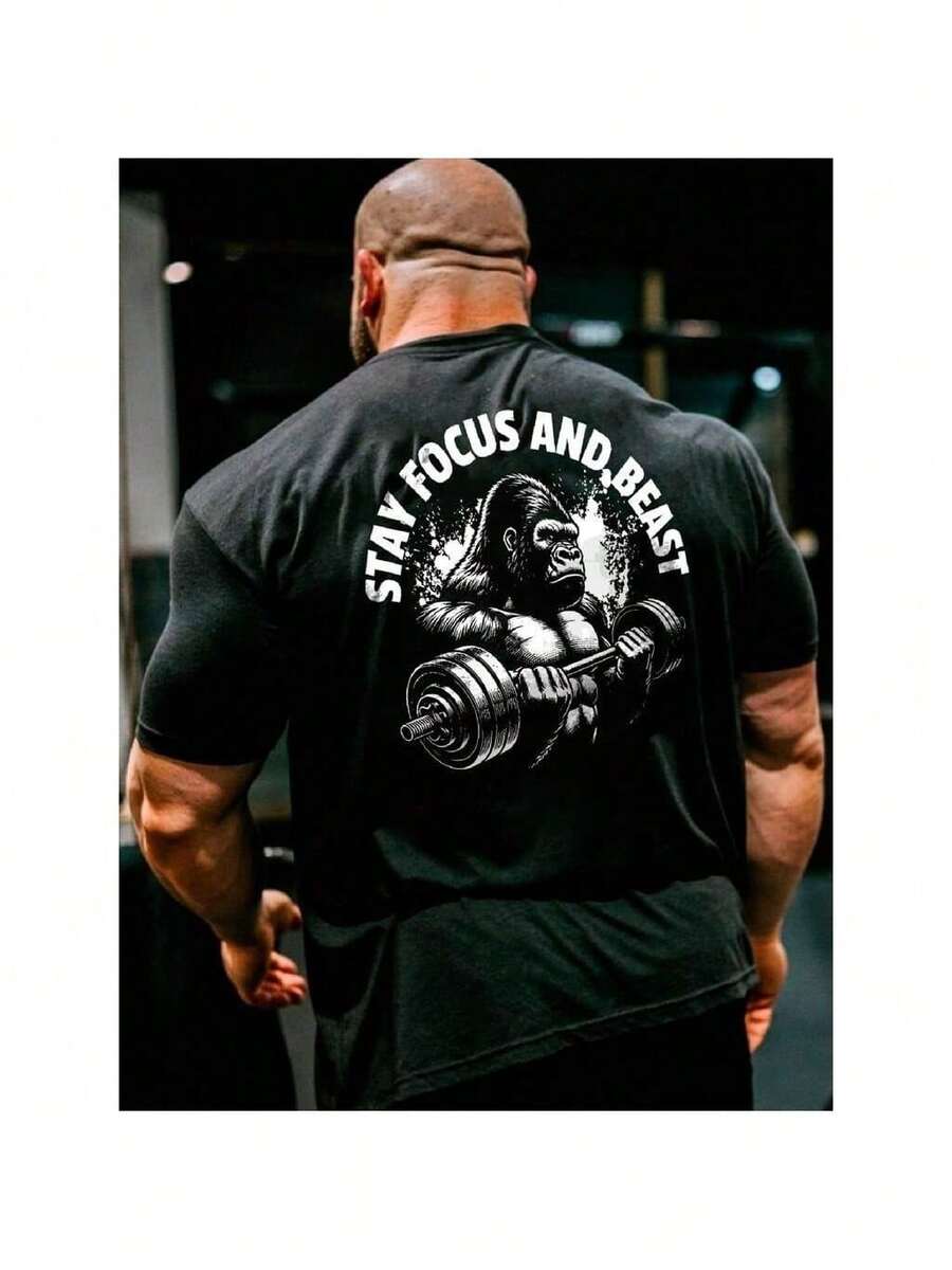 Oversized Gym Shirt, Loose Printed Black Workout Shirt - 黑色 - 查看 1