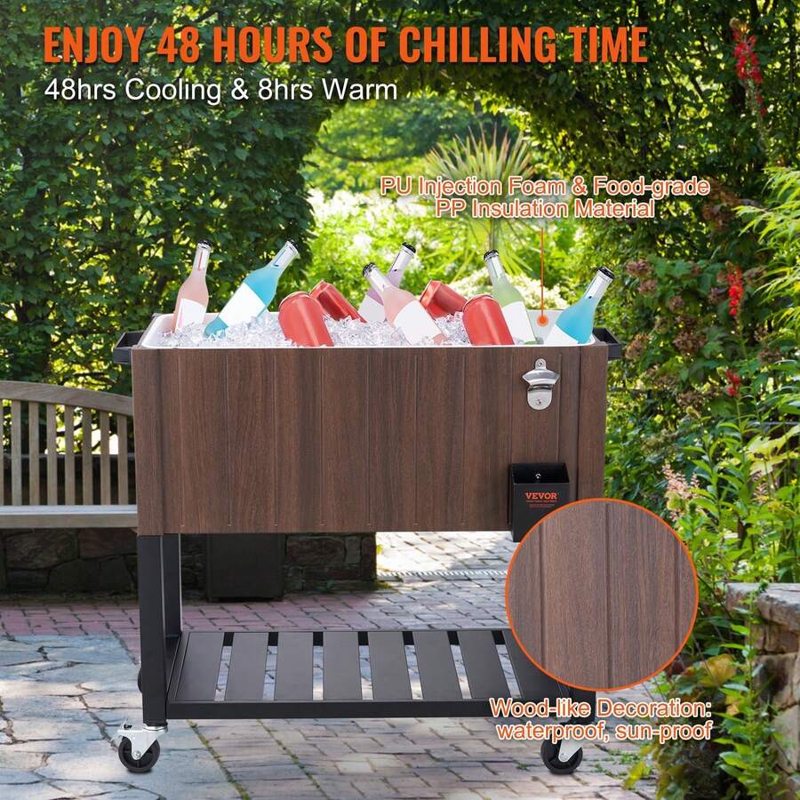 Rolling Ice Chest Cooler Cart 80 Quart Portable Bar Beverage Stand With
