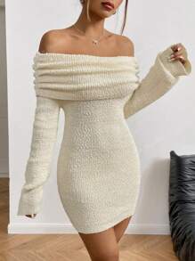 Women's Thick Shoulder Exposed Knitted Sweater Dress, Fluffy Long Sleeve Bodycon Mini Dress, Sexy And Elegant Ladies Dress