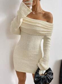 Women's Thick Shoulder Exposed Knitted Sweater Dress, Fluffy Long Sleeve Bodycon Mini Dress, Sexy And Elegant Ladies Dress