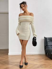 Women's Thick Shoulder Exposed Knitted Sweater Dress, Fluffy Long Sleeve Bodycon Mini Dress, Sexy And Elegant Ladies Dress