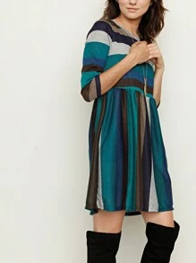 Boho Retro 70's 90's Vintage Black Black Olive Mocha Pink Mint Knit Brushed Ruffle Tiered Color Block Stripe Tunic Dress - 水鴨藍 - 查看 3