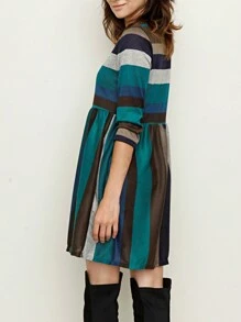 Boho Retro 70's 90's Vintage Black Black Olive Mocha Pink Mint Knit Brushed Ruffle Tiered Color Block Stripe Tunic Dress - 水鴨藍 - 查看 1