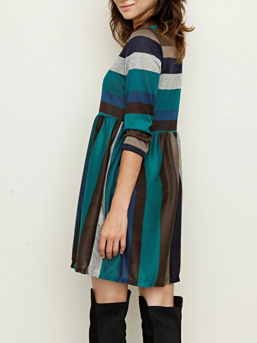 Boho Retro 70's 90's Vintage Black Black Olive Mocha Pink Mint Knit Brushed Ruffle Tiered Color Block Stripe Tunic Dress - 水鴨藍 - 查看 1