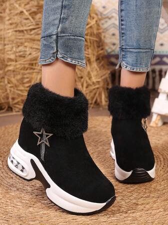 2026 New Women's Platform Snow Boots, Wedge Heel Thick Sole Casual Ankle Boots, Side Zipper Wedge Comfortable Boots, Fur Collar Lightweight Snow Boots, Suitable For Daily Wear, Outdoor, Campus, Autumn/Winter, Elegant Women Sports Shoes, Boots, Ankle Boots, Women Winter Boots, Black Boots, Beige Boots, Red Boots