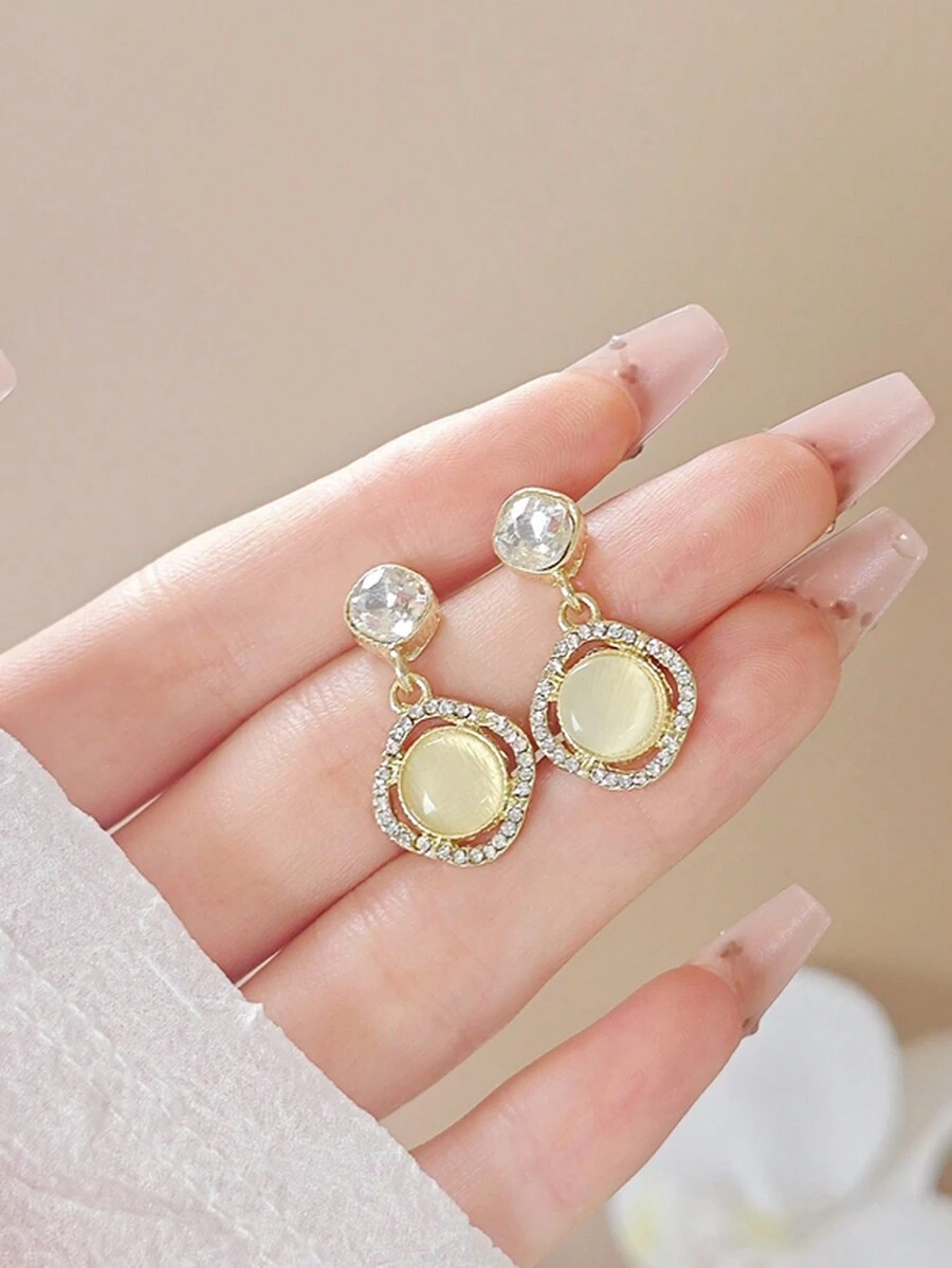 1 Cặp hoa tai đá mắt mèo sang trọng cổ điển & Zirconia, khuyên tai tinh tế phong cách Pháp cao cấp tối giản, phụ kiện thanh lịch đa năng - Mắt mèo kim cương - Xem 1