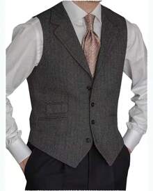 Men's Vest Herringbone Wool Tweed Retro Waistcoat Notched Lapel For Wedding Groomsmen Casual Business Suit Vest - 黑色 - 查看 1