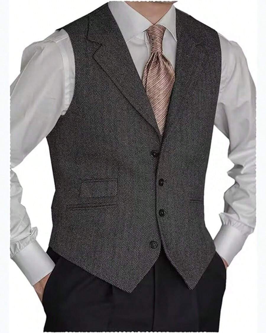 Men's Vest Herringbone Wool Tweed Retro Waistcoat Notched Lapel For Wedding Groomsmen Casual Business Suit Vest - 黑色 - 查看 1