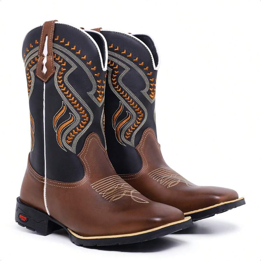 Men's Texan Country Boot Square Toe Mid-Calf Boot Embroidered Cowboy Horseback Riding Livestock - 鏽棕色 - 查看 1
