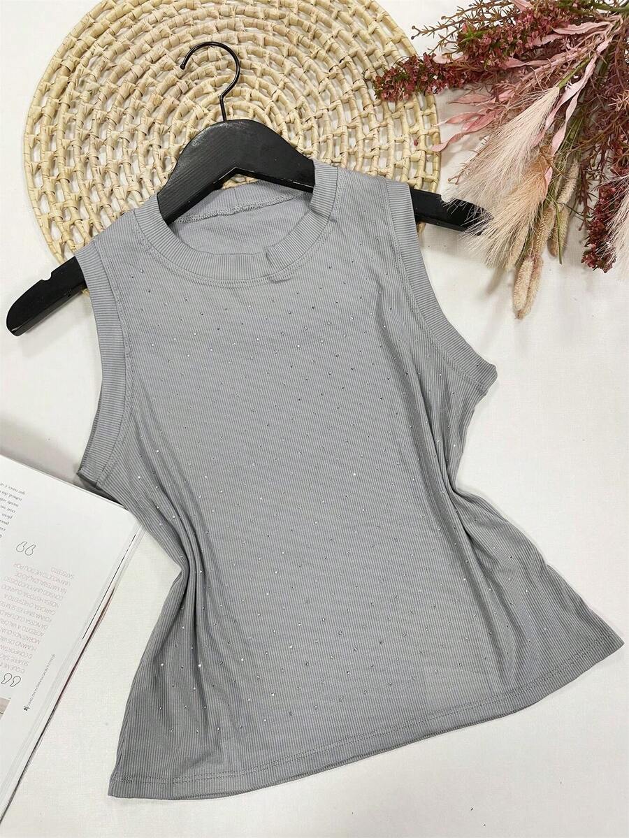 Tank Top, Very Stretchy Fabric, Front With Sequins - 灰色 - 查看 1