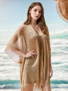 1pc Women's Fashionable Solid Color Loose Cover-Up Shimmering Metallic Net Fringed Kimono Cardigan Tassel-Adorned Party Dress, Semi-Sheer 3/4 Sleeves, Women Swimwear & Festival Wear For Carnival, Music Events, And Holidays Accessories Women