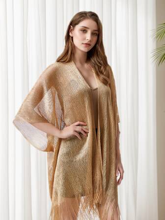 1 pieza Cárdigan de kimono con flecos y adornos de borlas, con diseño metálico brillante y de unicolor, de manga 3/4 semitransparente, para mujer, ideal para traje de baño, eventos musicales y accesorios festivos