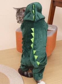 1pc Polyester Green Four-Legged Fleece Warm Clothes Cartoon Dinosaur Hooded Home Wear For Small Dogs And Cats (It Is Suggested To Increase 1-2 Sizes When Purchasing Because Of The Small Size) - Green - View 4