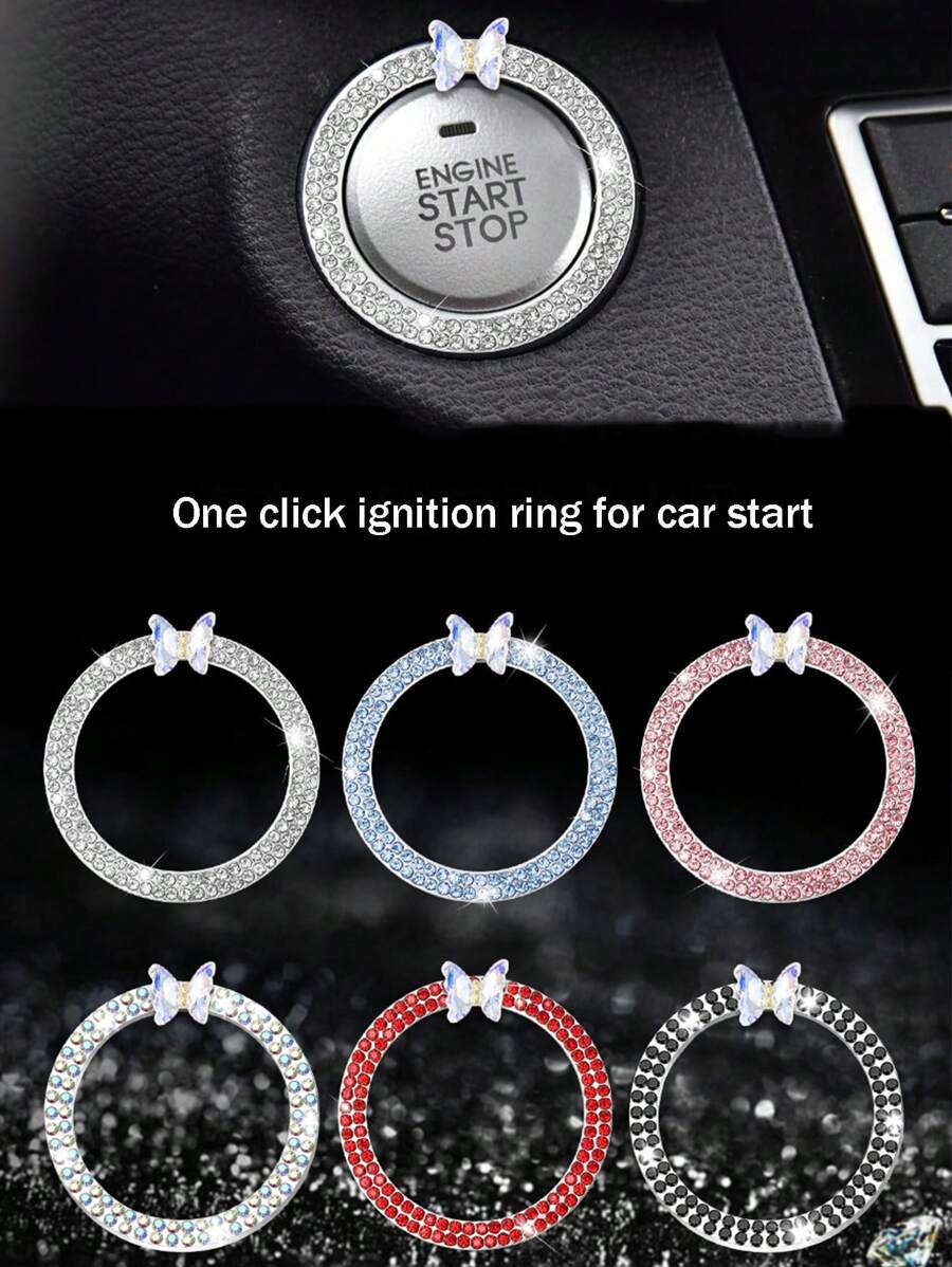 1pc One Click Start Decorative Ring Car Double Row Crystal Butterfly Ignition Ring Ignition Switch Button Decoration Protection - one-size - View 1
