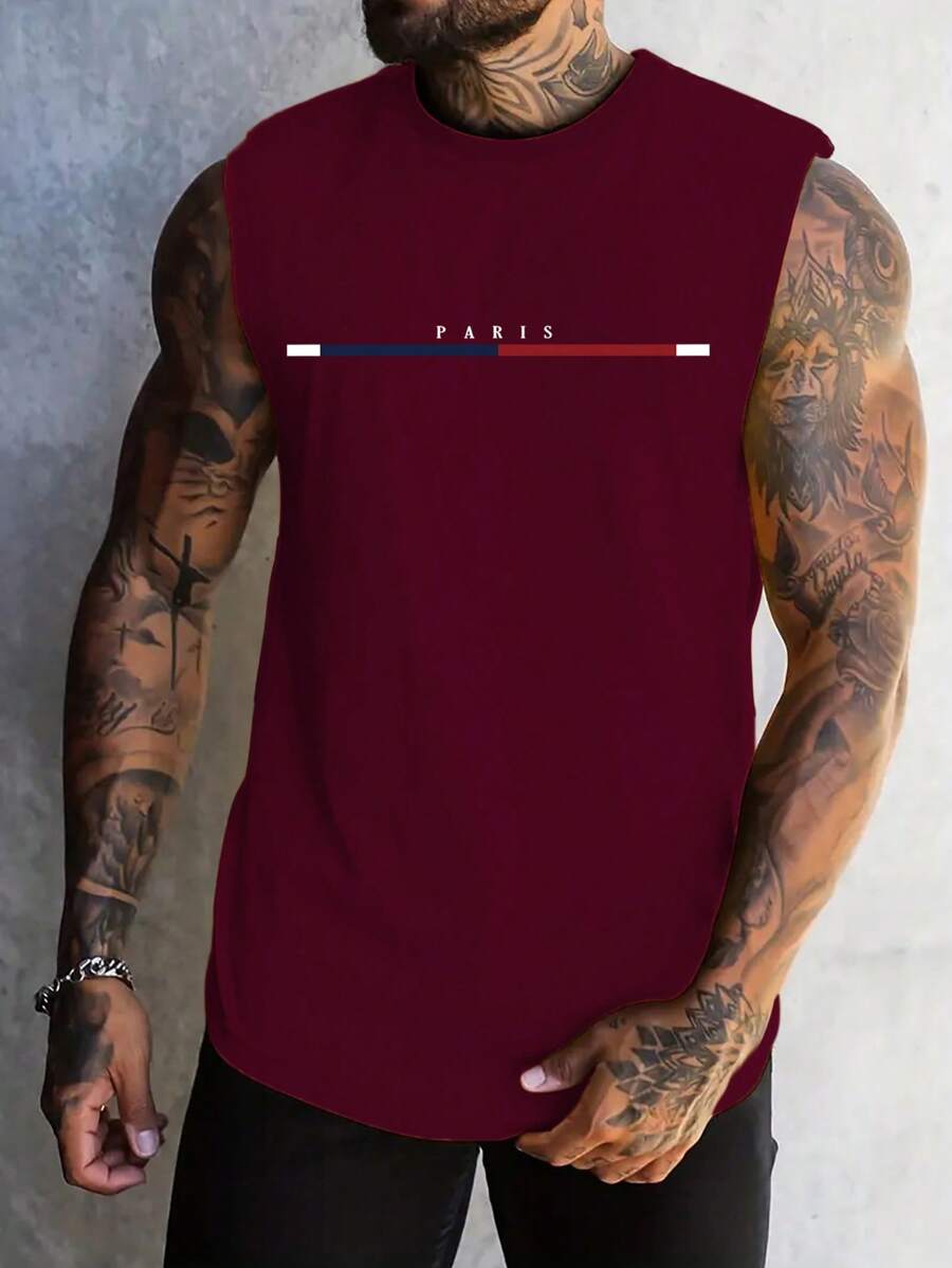 Men's Summer Casual Letter Print Top - Burgundy - View 1