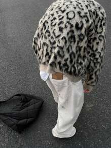 White Yue 秋冬系列：豹纹印花，撞色磨毛质感，休闲风格，街头时尚，复古针织圆领男士毛衣，适合圣诞节、新年穿着，长袖上衣 - 棕色 - 查看 2