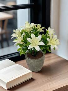 Planta artificial en maceta con hojas de menta, flor de lirio, planta falsa para decoración del hogar, mini maceta de piedra para paisajismo, regalo para el Día de San Valentín