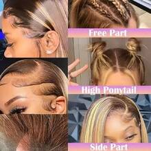 挑染波波头假发 真人头发预拔 4x4 渐变色蜜金色蕾丝前波波头假发 女士 4/27 金色渐变波波头假发 180% 密度短直波波头假发 - S4/27 - 查看 5