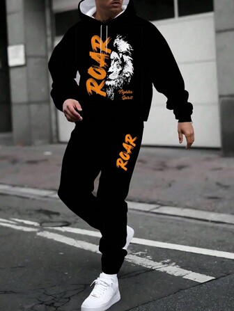 大码男式 3D 狮子印花运动衫和运动裤两件套，休闲装